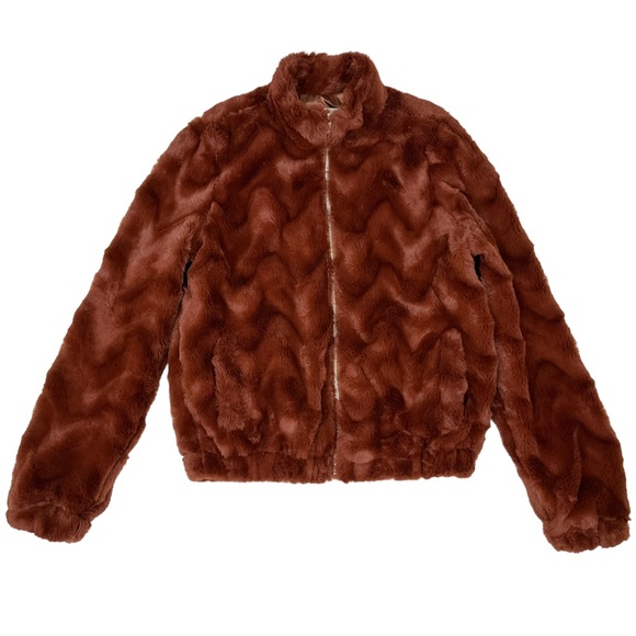 Faux Fur Bomber Jacket Chevron Brown High Neck Front Zip Size Medium - Picture 2 of 11